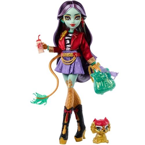 Monster High Jinafire Long Lalka smok z pieskiem Cloudy „Yun Yun” i 7 akcesoriami, w tym szkicownikiem, „jogurtem do picia” i plecakiem, HYV58