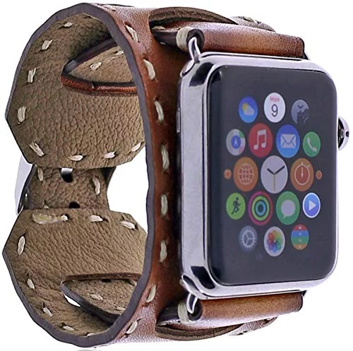 Burkley Burkley Skórzany pasek do zegarka Apple Watch 1/2 / 3/4 / 5/6, szeroki  pasek do zegarka z zapięciem na sprzączkę, kompatybilny z Apple Watch 42/44  mm (siodełko brązowe) IW-CUFF-V9EF - Ceny