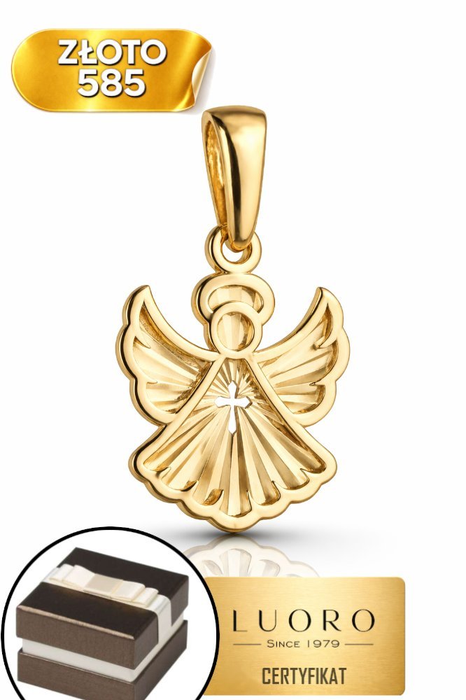 ZAWIESZKA ZŁOTA 585 14K DIAMENTOWANY ANIOŁEK KRZYŻYK 15 MM ELEGANCKA