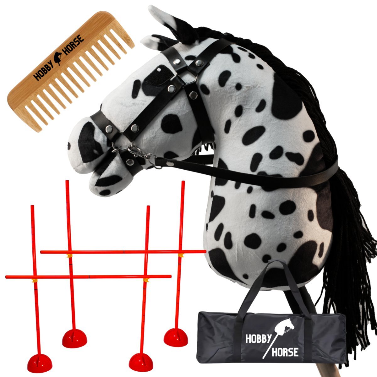 ZESTAW HOBBY HORSE KOŃ NA KIJU A3 + 2X PRZESZKODA DO SKAKANIA 120 CM + GRZEBIEŃ [M-ZESTAW-H11-2]
