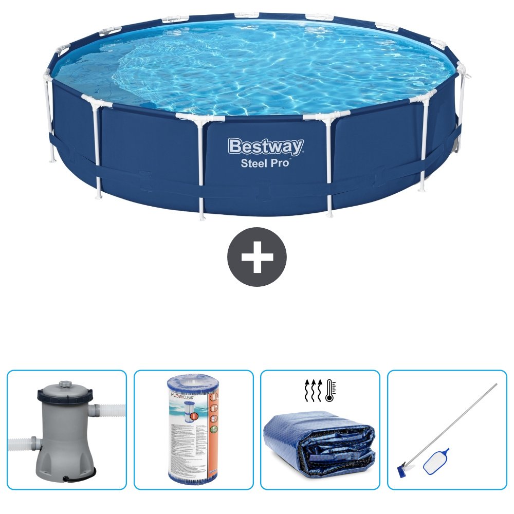 Basen Bestway Round Steel Pro - 396 x 84 cm - niebieski - w tym pompa - filtr - żagiel przeciwsłoneczny - zestaw do czyszczenia