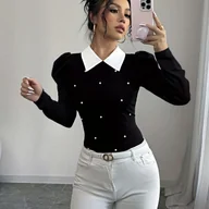 Bluzki damskie - TEMU Elegancka Bluzka Damska z Kołnierzykiem Ozdobionym Perłami - Długi Rękaw, Biało-Czarny Zapinany Przód, Antykurzowa Bluzka na Każdą Porę Roku, - miniaturka - grafika 1