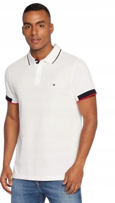 TOMMY HILFIGER BIAŁA KOSZULKA POLO Z CZERWONO GRANATOWYMI LAMÓWKAMI M 12DA