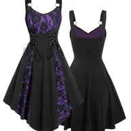 Sukienki - TEMU Stary gotycki szlafrok z kolorowym bem i wiązaniem w talii, dekolt w kształcie i rozkloszowaną spódnicą - idealny na imprezy, damska sukienka, - miniaturka - grafika 1