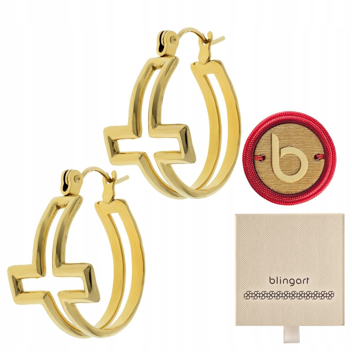 Kolczyki koła stal chirurgiczna pozłacane damskie z Krzyżem BLINGART