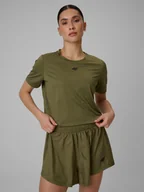 Koszulki sportowe damskie - 4F Crop top treningowy slim szybkoschnący damski - oliwkowy XS - miniaturka - grafika 1