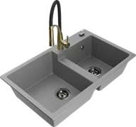 Zlewozmywaki z baterią - Mexen Tomas zlewozmywak granitowy 2-komorowy z baterią kuchenną Aster, szary - 6516-71-73450-57-B - miniaturka - grafika 1