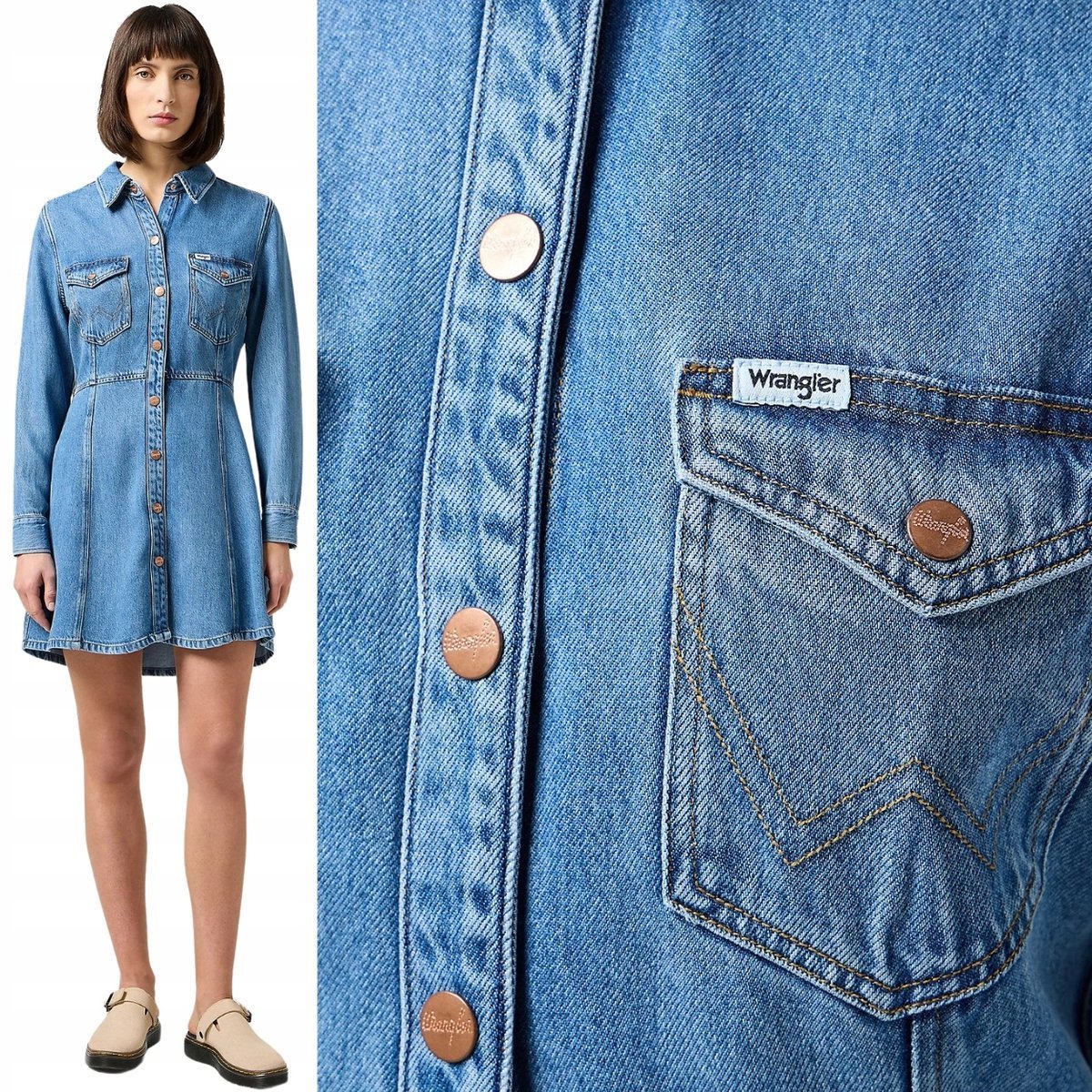 Wrangler A LINE SHIRT DRESS Partners ROZKLOSZOWANA JEANSOWA SUKIENKA XS
