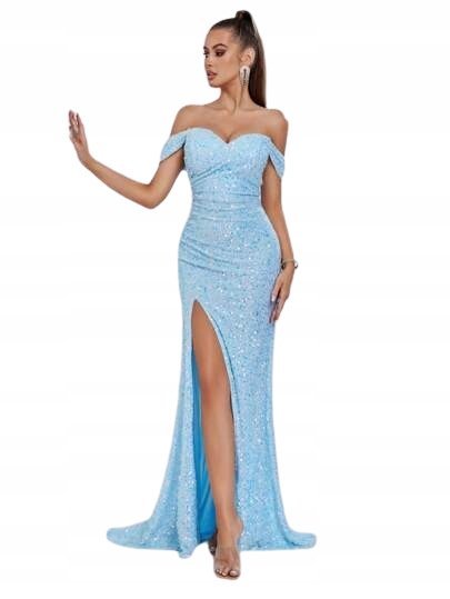 SHEIN NIEBIESKA SUKIENKA MAXI Z CEKINAMI I ODKRYTYMI RAMIONAMI S 1GC