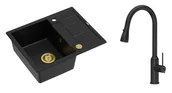 Zlewozmywaki z baterią - Quadron Unique Zlewozmywak granitowy jednokomorowy 62*50*22 cm z ociekaczem MORGAN 116 PURE CARBON z syfonem Push-2-Open w kolorze złotym z baterią JESSICA Q LINE PURE CARBON z wyciąganą wylewką i funkcją prysznica kolor czarny mat - miniaturka - grafika 1