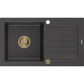 Zlewozmywaki - Mexen Pablo zlewozmywak granitowy 1-komorowy z ociekaczem 752 x 436 mm, czarny nakrapiany, syfon złoty - miniaturka - grafika 1