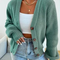 Swetry damskie - TEMU Damski Sweter Kardigan z Długim Rękawem, Prosty, Luźny, z Dekoltem w Serek, Jednokolorowy, na Jesień i Zimę - miniaturka - grafika 1