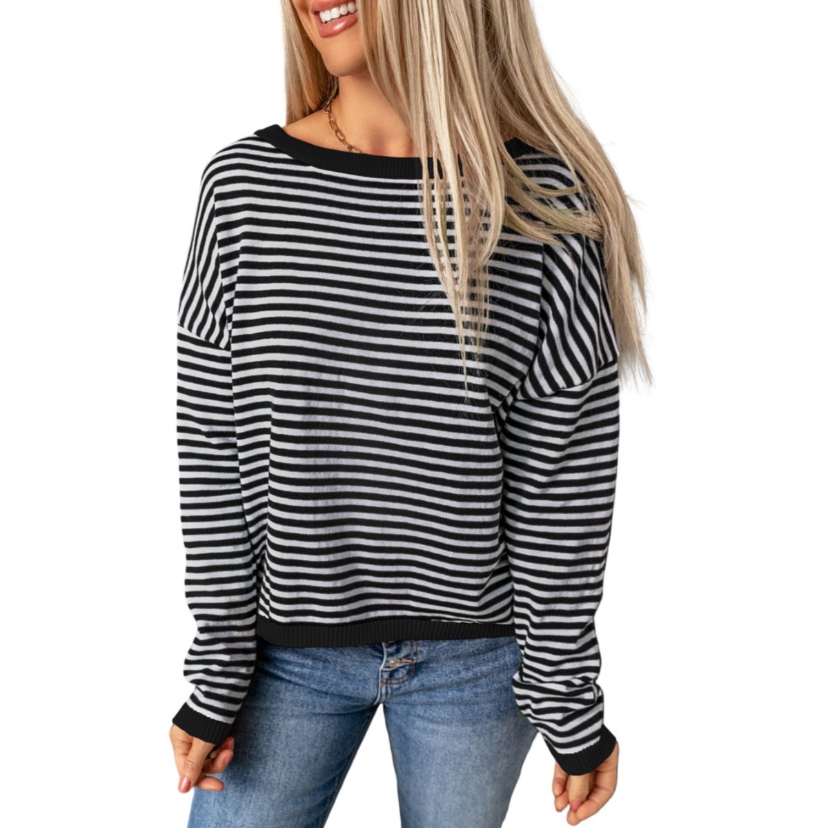 Damska Bluzka z Długim Rękawem Longsleeve w Paski Bawełna Biały Czarny M