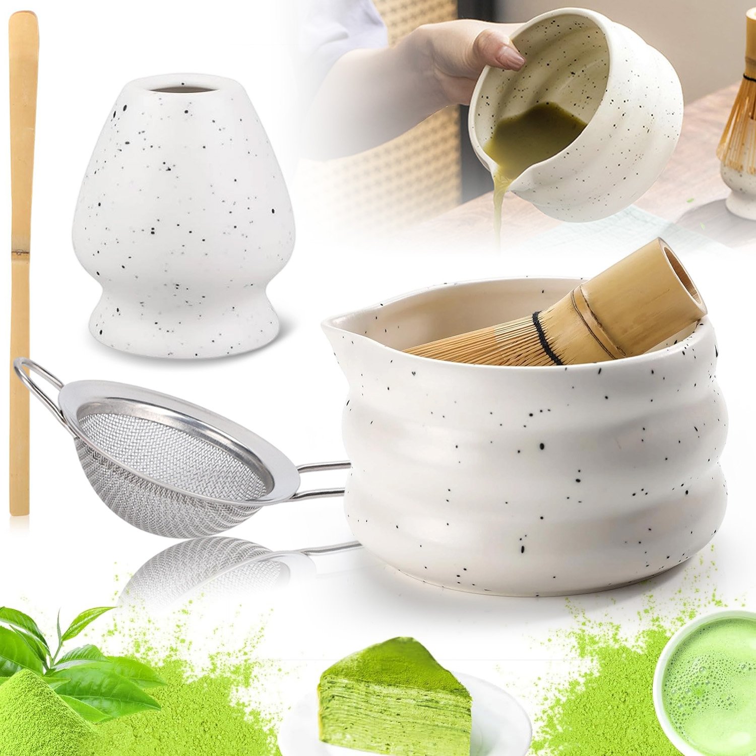 Zestaw Prezentowy Do Herbaty Matcha Czarka Miotełka Podstawka Łyżeczka