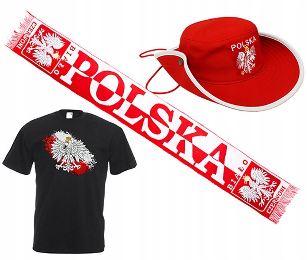 ZESTAW DLA KIBICA POLSKI KOSZULKA +SZALIK + CZAPKA GODŁO FLAGA