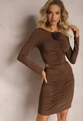 Sukienki - Brązowa Dopasowana Sukienka Mini z Wycięciami i Marszczeniem Vitorda - miniaturka - grafika 1