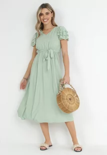 Jasnozielona Sukienka Midi z Wiskozy z Gumką w Pasie i Materiałowym Paskiem Aricia - Sukienki - miniaturka - grafika 1