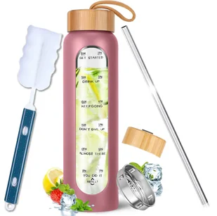 Butelka motywacyjna z miarką na wodę szklana 1L + słomka, bidon 1000ml - Shakery i bidony sportowe Butelka motywacyjna z miarką na wodę szklana 1L + słomka, bidon 1000ml - Shakery i bidony sportowe - miniaturka - grafika 1