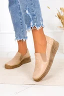 Półbuty damskie - Beżowe półbuty z gumką slip on na koturnie kwiaty polska skóra Casu 0575/B - miniaturka - grafika 1