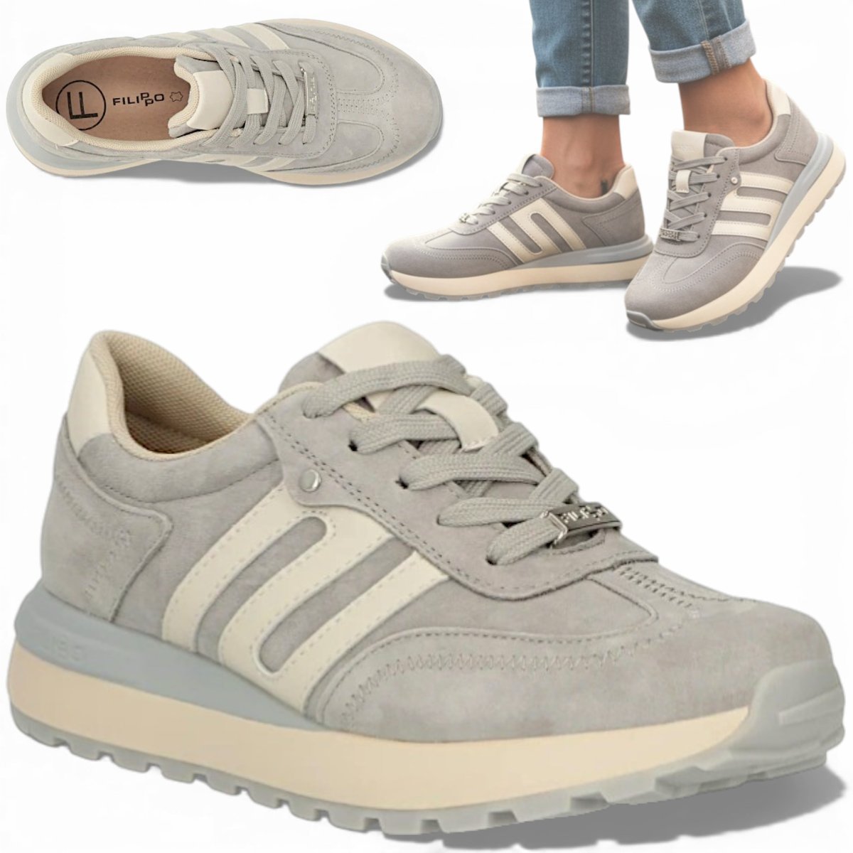 Sneakersy Damskie SKÓRZANE Filippo Wygodne Półbuty Szare na Platformie 39