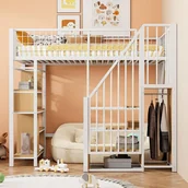 Łóżka dla dzieci i młodzieży - Łóżko na antresoli, 90 x 200 cm, metalowe łóżko z miejscem do przechowywania, półką i drabinką, białe - miniaturka - grafika 1