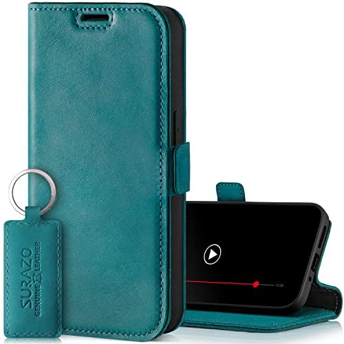 SURAZO Etui na telefon komórkowy Samsung Galaxy A15, cienkie, magnetyczne etui ze skóry – składane etui ochronne z prawdziwej skóry [z przegródką na karty, ochroną RFID] etui z klapką, skórzane etui