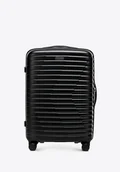 Walizki - Średnia walizka z polikarbonu w poziome żebrowanie czarna - miniaturka - grafika 1