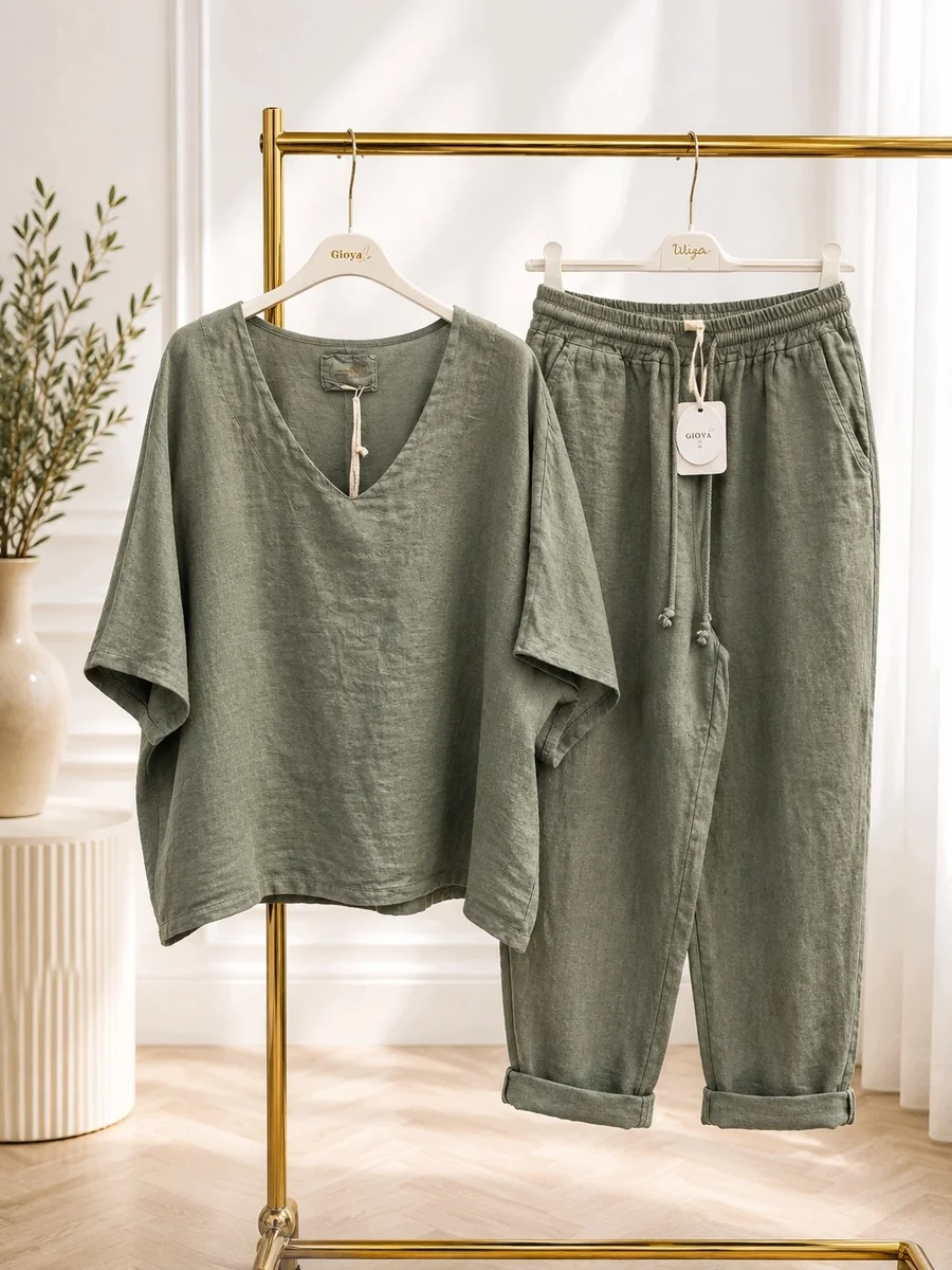 Włoski Komplet Damski 100% Len Gioya Khaki Bluzka Spodnie Oversize