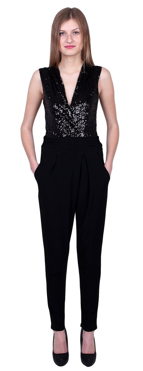 John Zack Czarny kombinezon czarne cekiny spodnium S