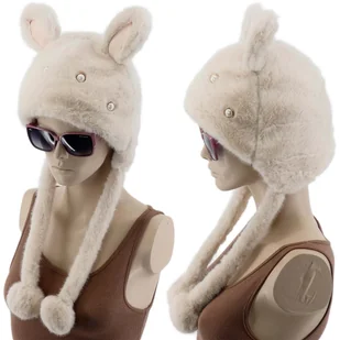 Ciepła Zimowa Czapka Kobieca Z Futerkiem Beżowa Kotki Kocie Uszka Pompony - Czapki damskie - miniaturka - grafika 1