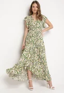 Sukienki - Ciemnozielona Asymetryczna Sukienka z Gumką w Pasie z Falbankami z Wiskozy Venimra - miniaturka - grafika 1