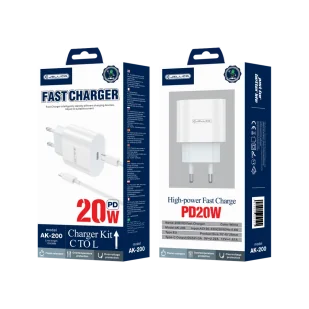 JELLICO ładowarka sieciowa AK200 PD 20W 1xUSB-C + kabel USB-C - Lightning Biały - Ładowarki do telefonów - miniaturka - grafika 1