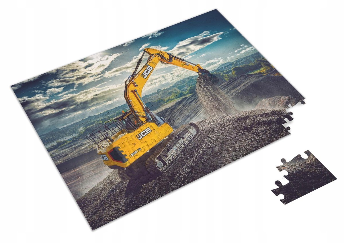 PUZZLE Duża Koparka JCB + IMIĘ Pudełko 120 el.