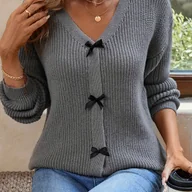 Swetry damskie - TEMU Elegancki Kardigan z Dekoltem w Serek dla Kobiet z Kokardką - Luźny Krój, Długi Rękaw, Jednolity , Całoroczne Ubranie Codzienne, Idealny na - miniaturka - grafika 1