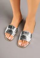 Klapki i japonki damskie - Srebrne Klapki na Płaskiej Podeszwie z Przeplatanym Paskiem Tenzirea - miniaturka - grafika 1