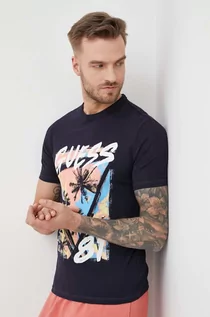 Koszulki męskie - GUESS t-shirt męski kolor granatowy z nadrukiem - grafika 1