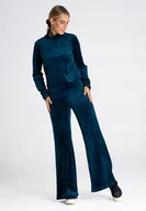 Dresy damskie - Welurowe SPODNIE damskie DZWONY wysoki stan WELURY niebieskie L - miniaturka - grafika 1