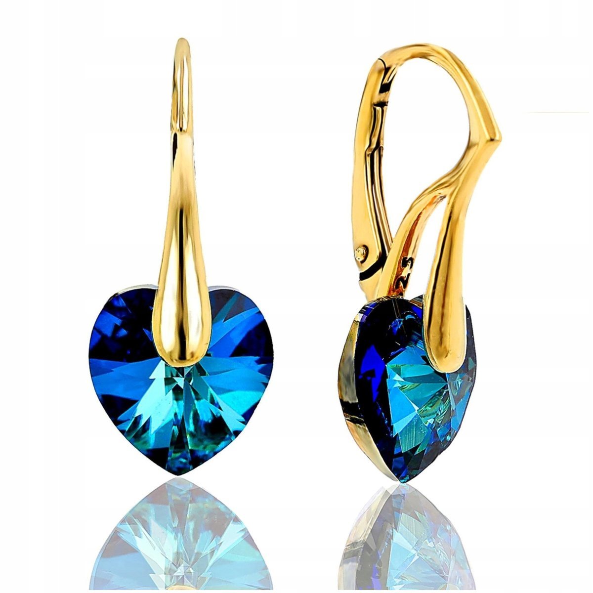 KOLCZYKI SWAROVSKI ZŁOTE SERCA WISZĄCE, NIEBIESKIE, SREBRO 925, POZŁACANE