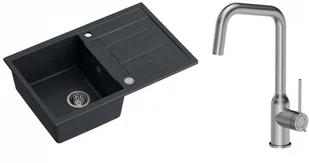 Quadron Zlewozmywak granitowy jednokomorowy 78*50*22 cm z ociekaczem MORGAN 111 BLACK DIAMOND ze stalowym odpływem z baterią NATALIE Q LINE kolor stal szczotkowana - Zlewozmywaki z baterią - miniaturka - grafika 1