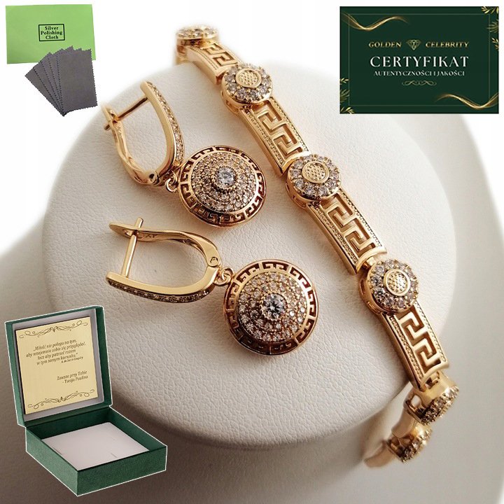 ZŁOTY LUKSUSOWY KOMPLET BRANSOLETKA KOLCZYKI Z CYRKONIAMI DLA KOBIETY, MAMY