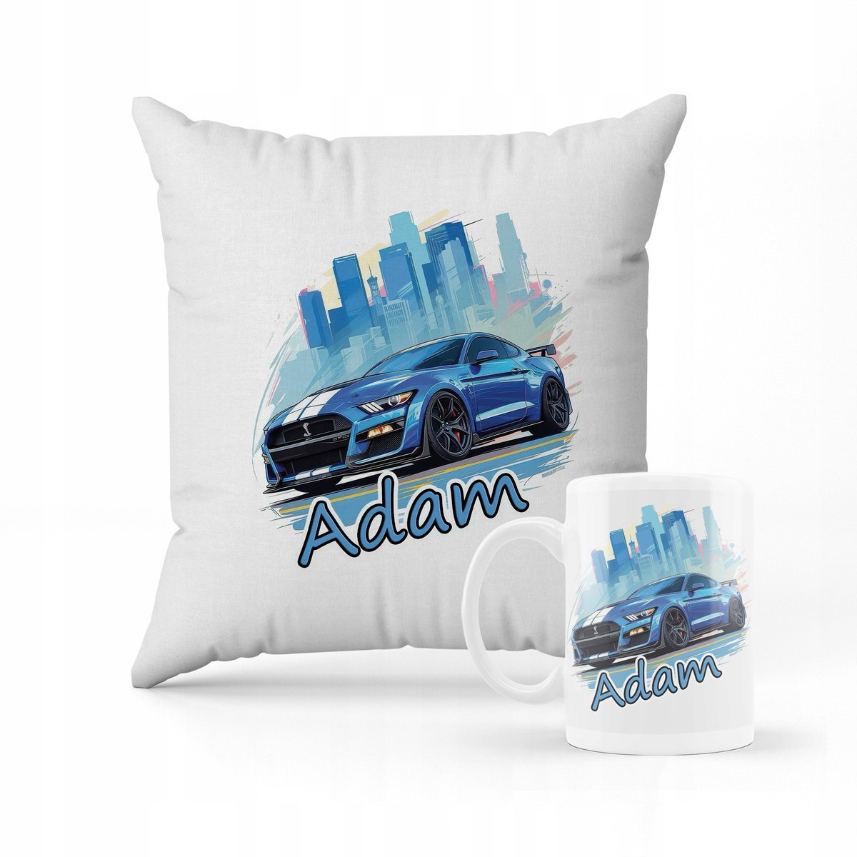 ZESTAW PODUSZKA + KUBEK Prezent FORD MUSTANG Auto Sportowe + IMIĘ