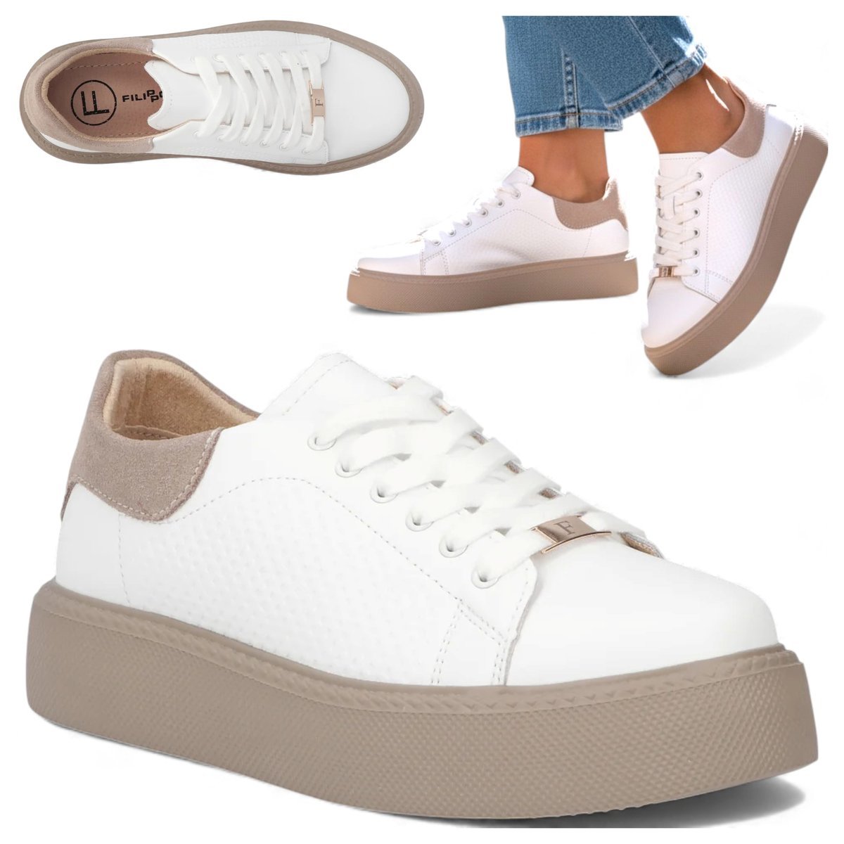 Damskie Sneakersy SKÓRZANE FILIPPO Wygodne Półbuty Białe na Platformie 37