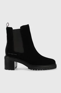 Botki damskie - Tommy Hilfiger sztyblety zamszowe Outdoor Chelsea Mid Heel Boot damskie kolor czarny na słupku - grafika 1