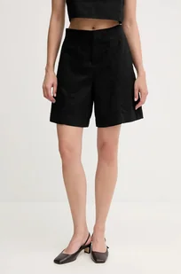 Calvin Klein Jeans szorty z domieszką lnu damskie kolor czarny gładkie high waist J20J225219 - Spodnie sportowe damskie - miniaturka - grafika 1