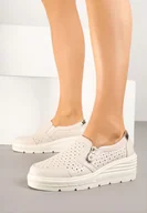 Półbuty damskie - Beżowe Półbuty Skórzane na Koturnie z Ozdobnym Suwakiem i Perforacją Odelessa - miniaturka - grafika 1