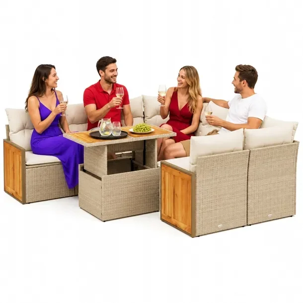 Zestaw Wypoczynkowy z Rattanu PE, Stół Regulowany, Beżowy 100x55x44/73 c