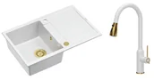 Zlewozmywaki z baterią - Quadron Unique Zlewozmywak granitowy jednokomorowy 78*50*22 cm z ociekaczem MORGAN 111 SNOW WHITE z syfonem Push-2-Open w kolorze złotym z baterią JESSICA SNOW WHITE z wyciąganą wylewką i funkcją prysznica biały mat/wyk złote - miniaturka - grafika 1