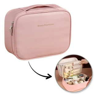 Kosmetyczka Rozkładana Elegancka Kuferek Etui z Ekoskóry Różowa - Kosmetyczki, organizery i kuferki - miniaturka - grafika 1