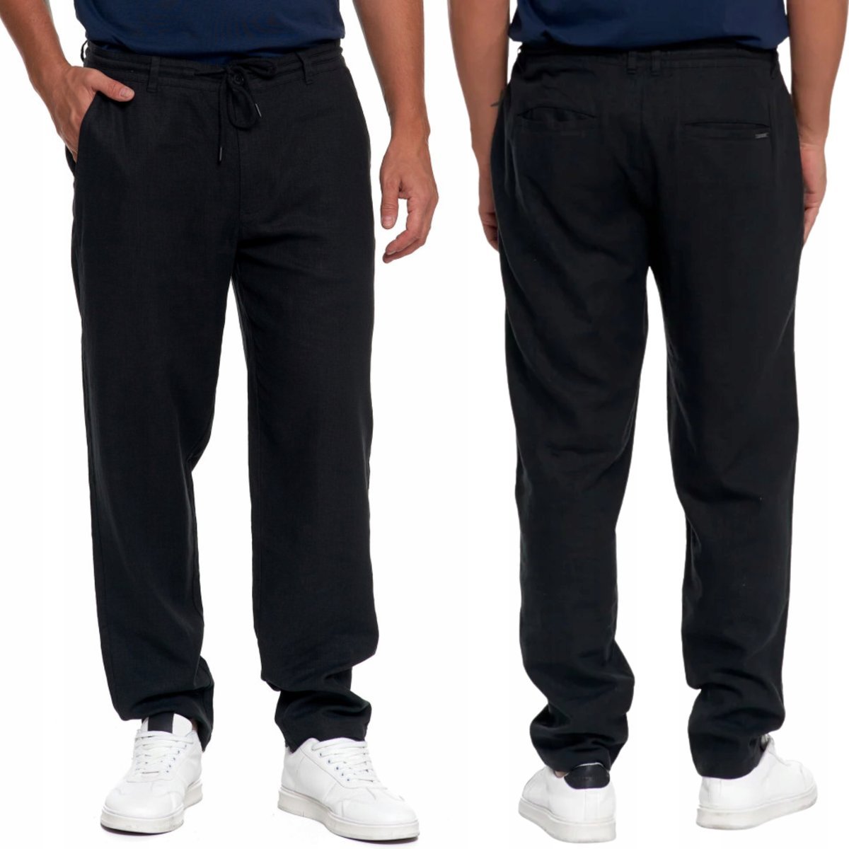 SPODNIE LNIANE MĘSKIE KLASYCZNE KOMFORTOWE KIESZENIE ELEGANCKIE MORAJ M BLACK