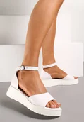 Sandały damskie - Białe Sandały z Ekoskóry na Grubej Podeszwie z Paskiem Przy Kostce Optia - miniaturka - grafika 1